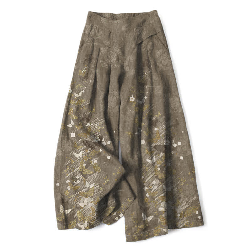 Buddha Stones Damenhose aus Baumwoll-Leinen-Mischgewebe mit floralem und goldenem Schmetterlingsmuster im Boho-Stil, elastischem Bund, weitem Bein und Taschen - Olive - US16, UK/AU20, EU48 (3XL) - image 4