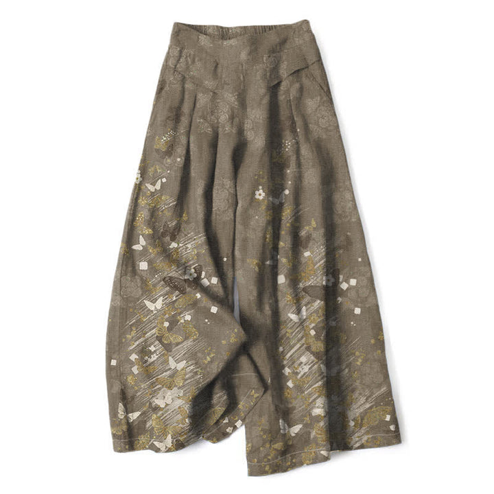 Buddha Stones Damenhose aus Baumwoll-Leinen-Mischgewebe mit floralem und goldenem Schmetterlingsmuster im Boho-Stil, elastischem Bund, weitem Bein und Taschen - Olive - US16, UK/AU20, EU48 (3XL) - image 4