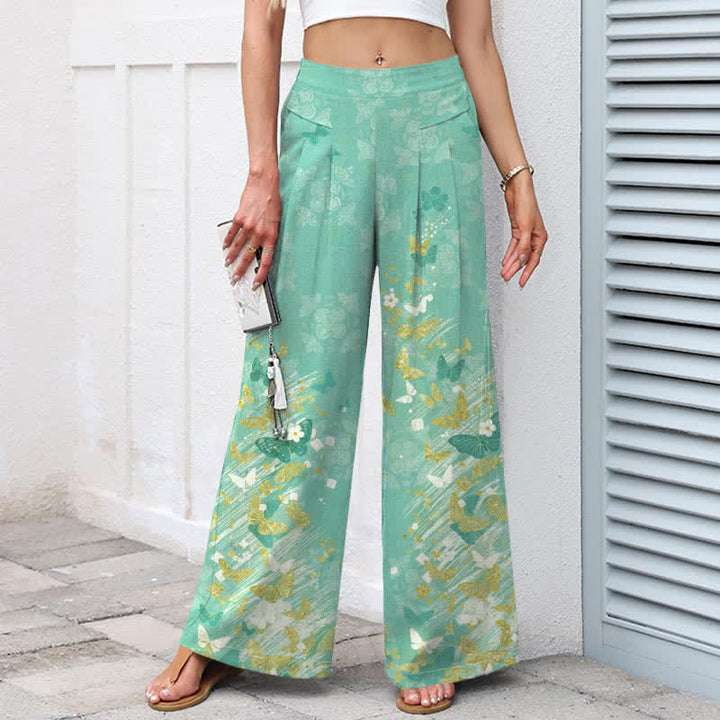 Buddha Stones Damenhose aus Baumwoll-Leinen-Mischgewebe mit floralem und goldenem Schmetterlingsmuster im Boho-Stil, elastischem Bund, weitem Bein und Taschen - image 7