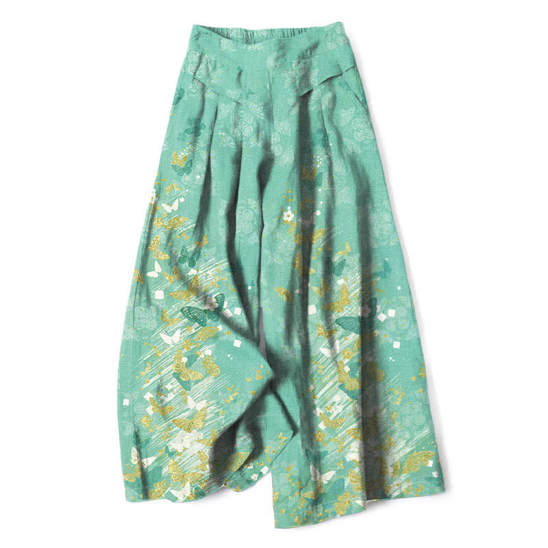 Buddha Stones Damenhose aus Baumwoll-Leinen-Mischgewebe mit floralem und goldenem Schmetterlingsmuster im Boho-Stil, elastischem Bund, weitem Bein und Taschen - Mittel-Aquamarin - US16, UK/AU20, EU48 (3XL) - image 6