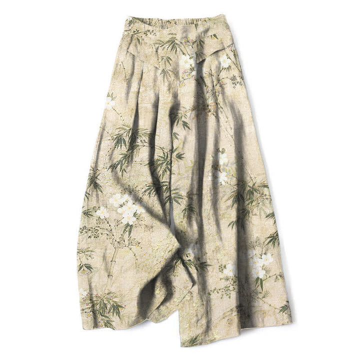 Buddha Stones Damenhose mit weitem Bein, elastischem Bund und Taschen, Baumwoll-Leinen-Mischgewebe mit Bambusblattmuster - Beige - US16, UK/AU20, EU48 (3XL) - image 0