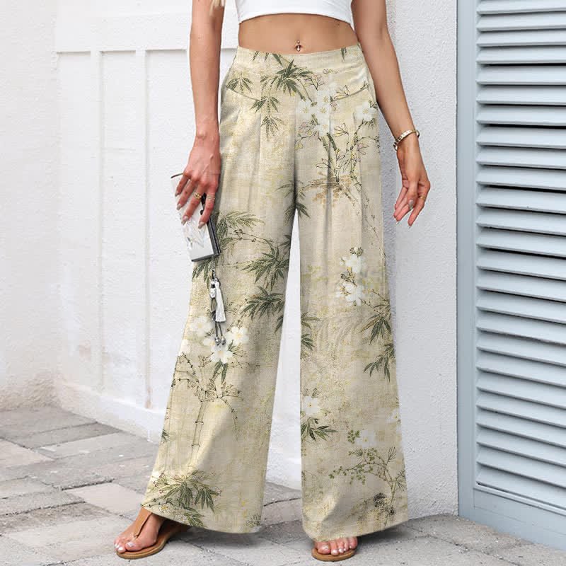 Buddha Stones Damenhose mit weitem Bein, elastischem Bund und Taschen, Baumwoll-Leinen-Mischgewebe mit Bambusblattmuster - image 1