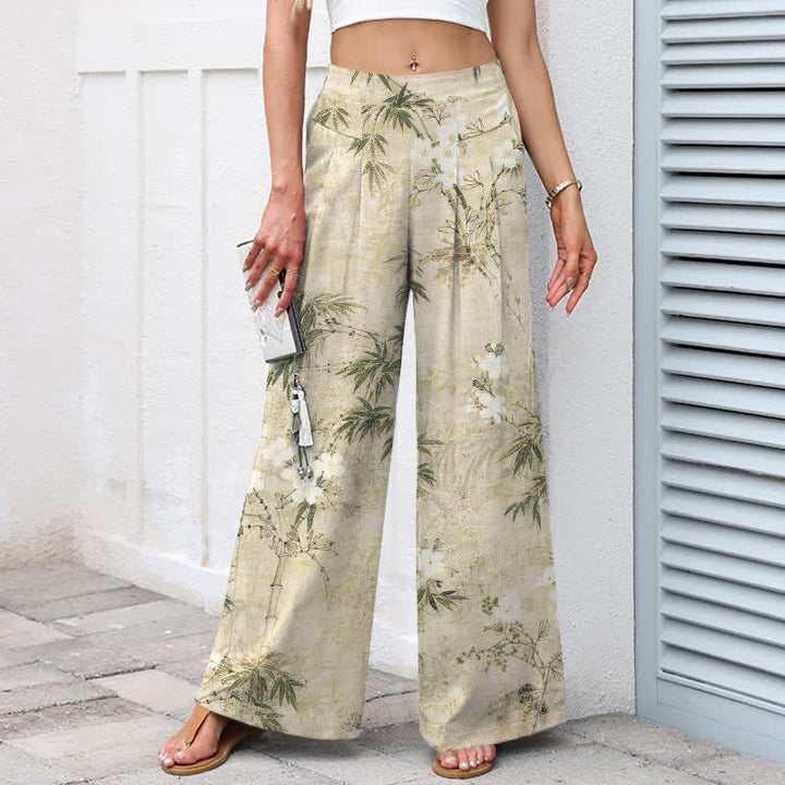 Buddha Stones Damenhose mit weitem Bein, elastischem Bund und Taschen, Baumwoll-Leinen-Mischgewebe mit Bambusblattmuster - image 1