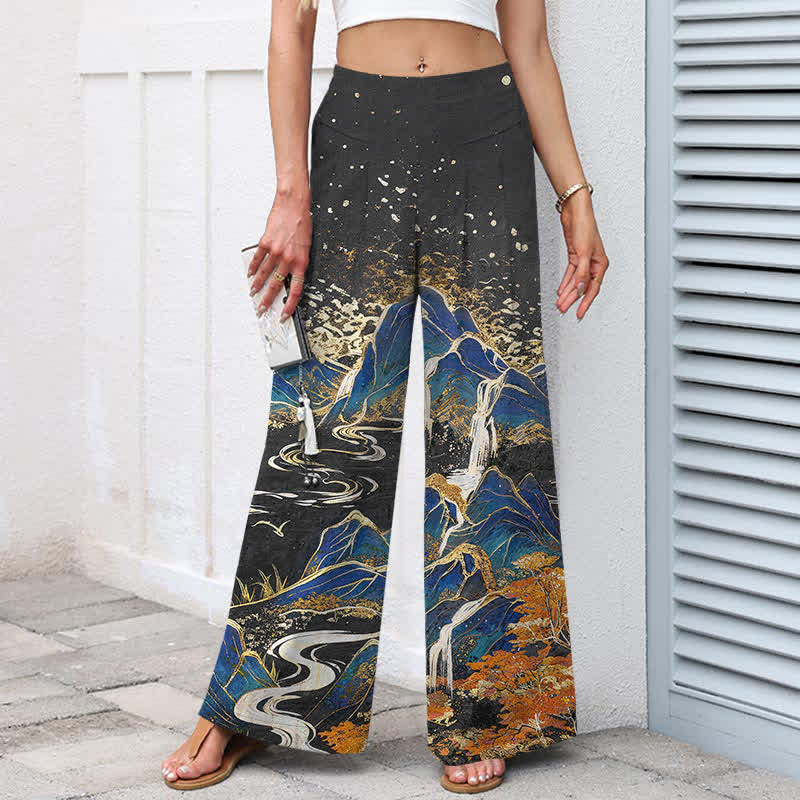 Buddha Stones Damenhose aus Baumwoll-Leinen-Mischgewebe mit orientalischem Landschaftsmuster, elastischem Bund, weitem Bein und Taschen - image 1