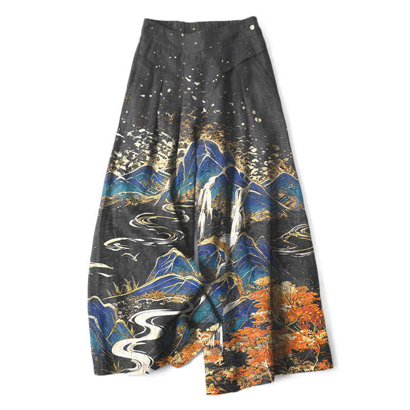 Buddha Stones Damenhose aus Baumwoll-Leinen-Mischgewebe mit orientalischem Landschaftsmuster, elastischem Bund, weitem Bein und Taschen - Schwarz - US16, UK/AU20, EU48 (3XL) - image 0