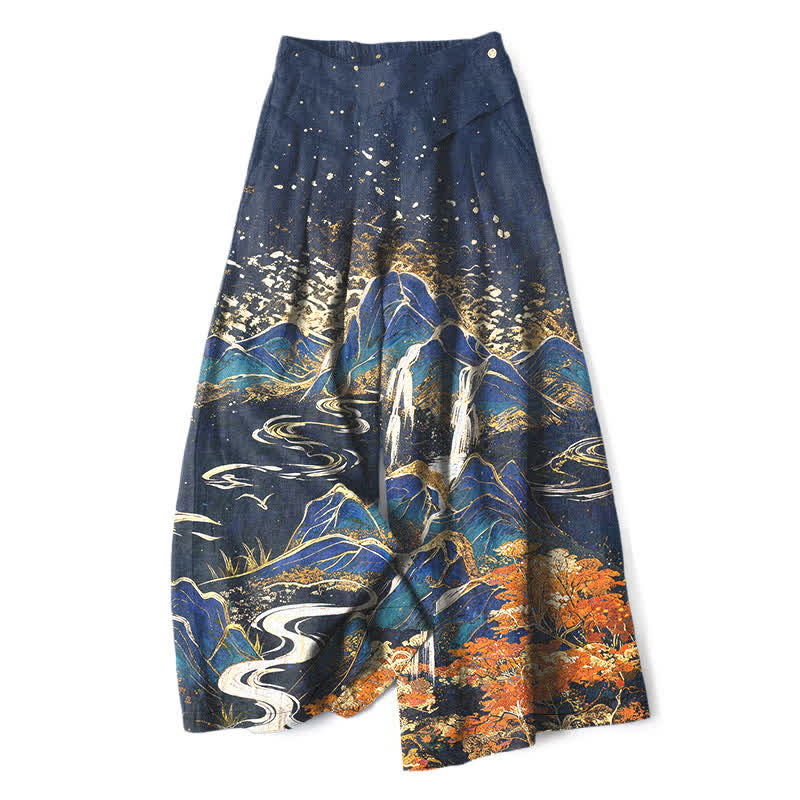 Buddha Stones Damenhose aus Baumwoll-Leinen-Mischgewebe mit orientalischem Landschaftsmuster, elastischem Bund, weitem Bein und Taschen - Marine - US16, UK/AU20, EU48 (3XL) - image 4