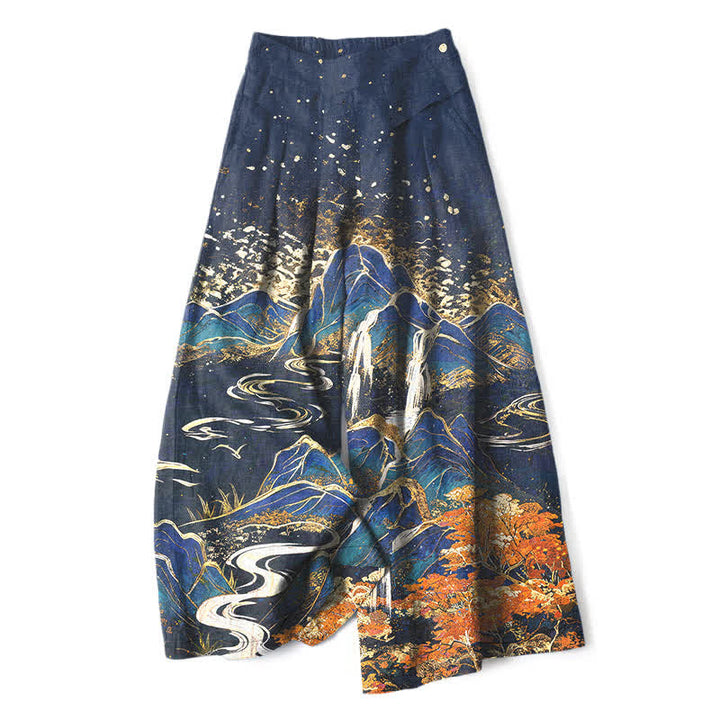 Buddha Stones Damenhose aus Baumwoll-Leinen-Mischgewebe mit orientalischem Landschaftsmuster, elastischem Bund, weitem Bein und Taschen - Marine - US16, UK/AU20, EU48 (3XL) - image 4