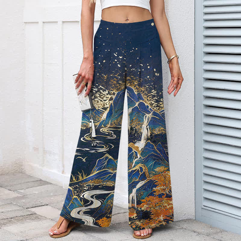 Buddha Stones Damenhose aus Baumwoll-Leinen-Mischgewebe mit orientalischem Landschaftsmuster, elastischem Bund, weitem Bein und Taschen - image 5