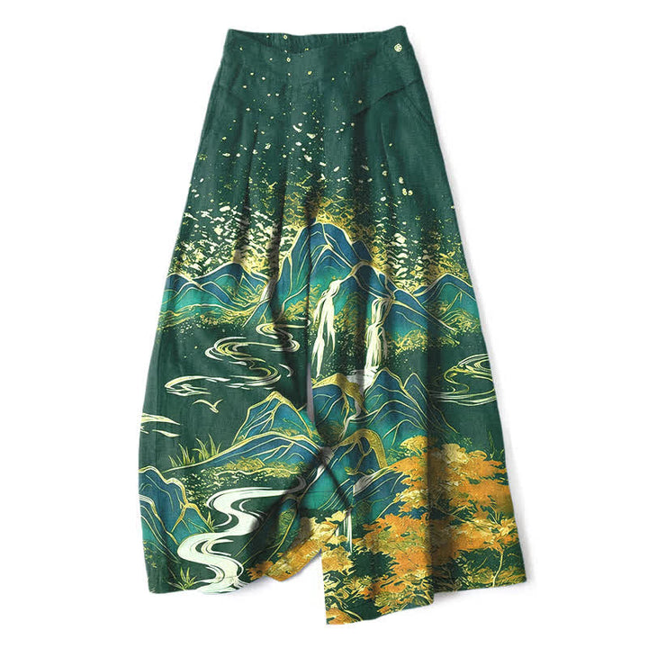 Buddha Stones Damenhose aus Baumwoll-Leinen-Mischgewebe mit orientalischem Landschaftsmuster, elastischem Bund, weitem Bein und Taschen - Waldgrün - US16, UK/AU20, EU48 (3XL) - image 6