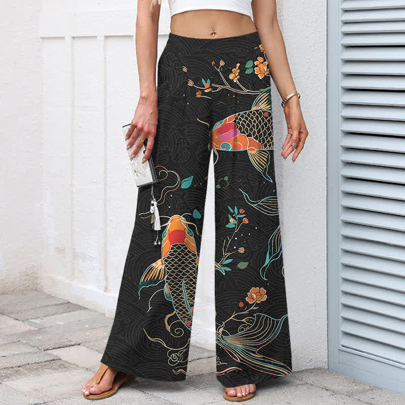 Buddha Stones Baumwoll-Leinen-Hose mit Koi-Fisch- und Blumenmuster, elastischem Bund, weitem Bein und Taschen - image 1