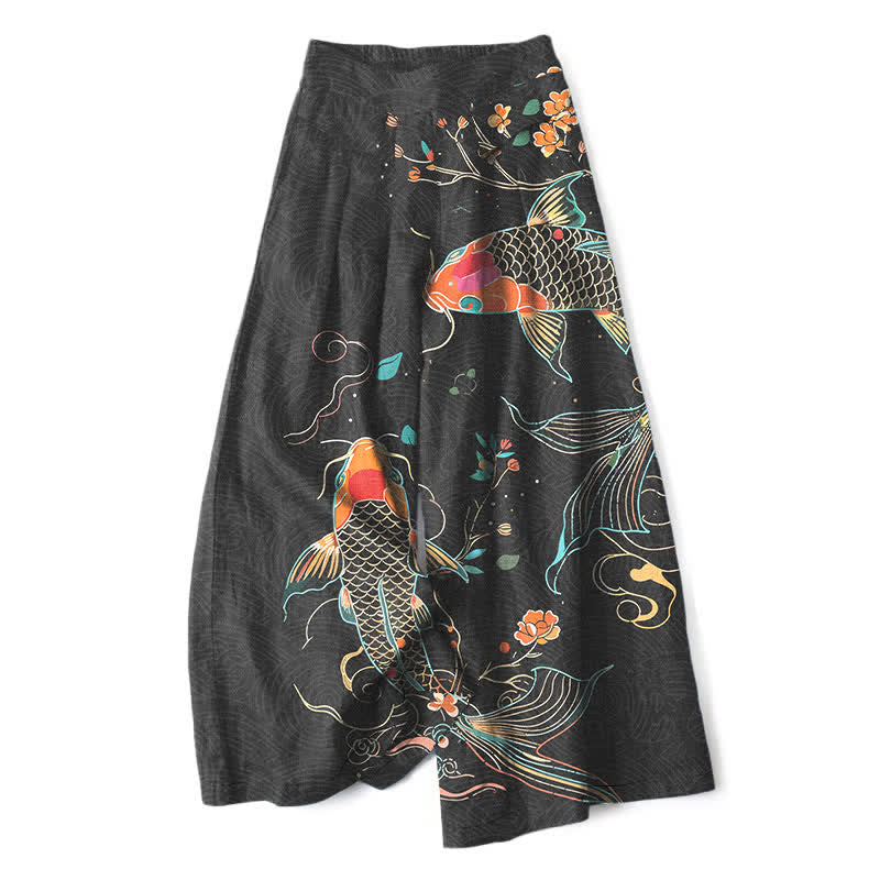 Buddha Stones Baumwoll-Leinen-Hose mit Koi-Fisch- und Blumenmuster, elastischem Bund, weitem Bein und Taschen - Schwarz - US16, UK/AU20, EU48 (3XL) - image 0