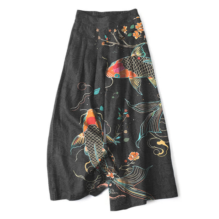 Buddha Stones Baumwoll-Leinen-Hose mit Koi-Fisch- und Blumenmuster, elastischem Bund, weitem Bein und Taschen - Schwarz - US16, UK/AU20, EU48 (3XL) - image 0
