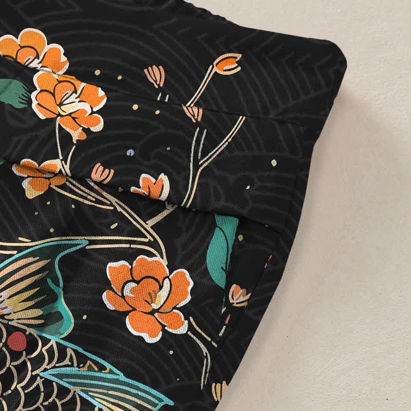 Buddha Stones Baumwoll-Leinen-Hose mit Koi-Fisch- und Blumenmuster, elastischem Bund, weitem Bein und Taschen - image 2