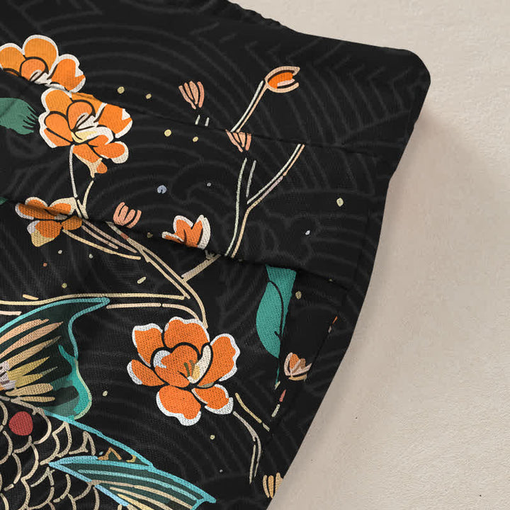 Buddha Stones Baumwoll-Leinen-Hose mit Koi-Fisch- und Blumenmuster, elastischem Bund, weitem Bein und Taschen - image 2