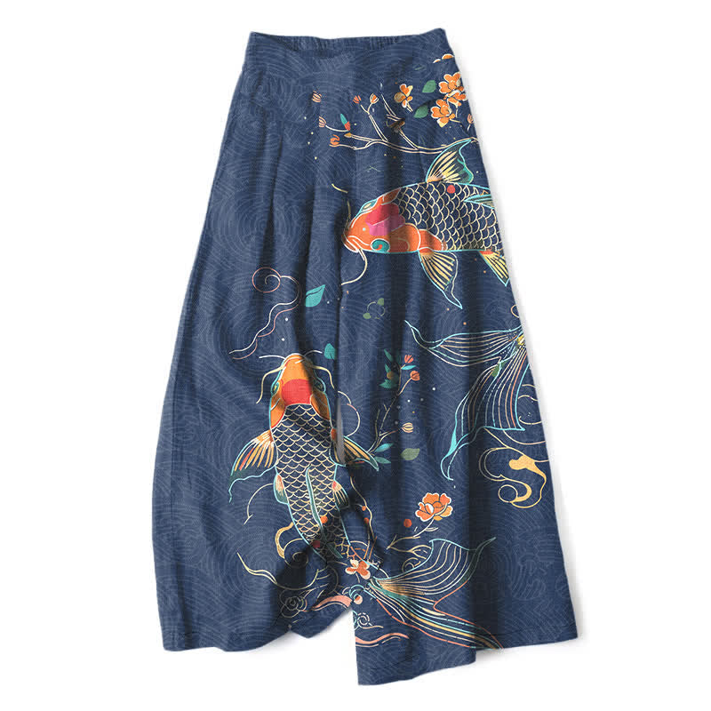 Buddha Stones Baumwoll-Leinen-Hose mit Koi-Fisch- und Blumenmuster, elastischem Bund, weitem Bein und Taschen - Marine - US16, UK/AU20, EU48 (3XL) - image 4