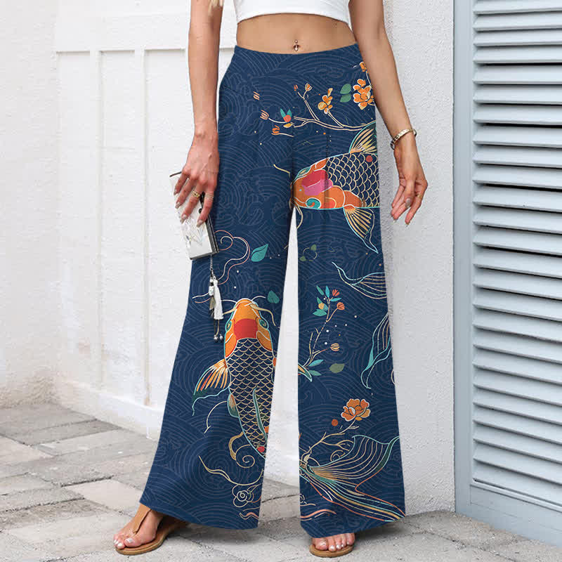 Buddha Stones Baumwoll-Leinen-Hose mit Koi-Fisch- und Blumenmuster, elastischem Bund, weitem Bein und Taschen - image 5