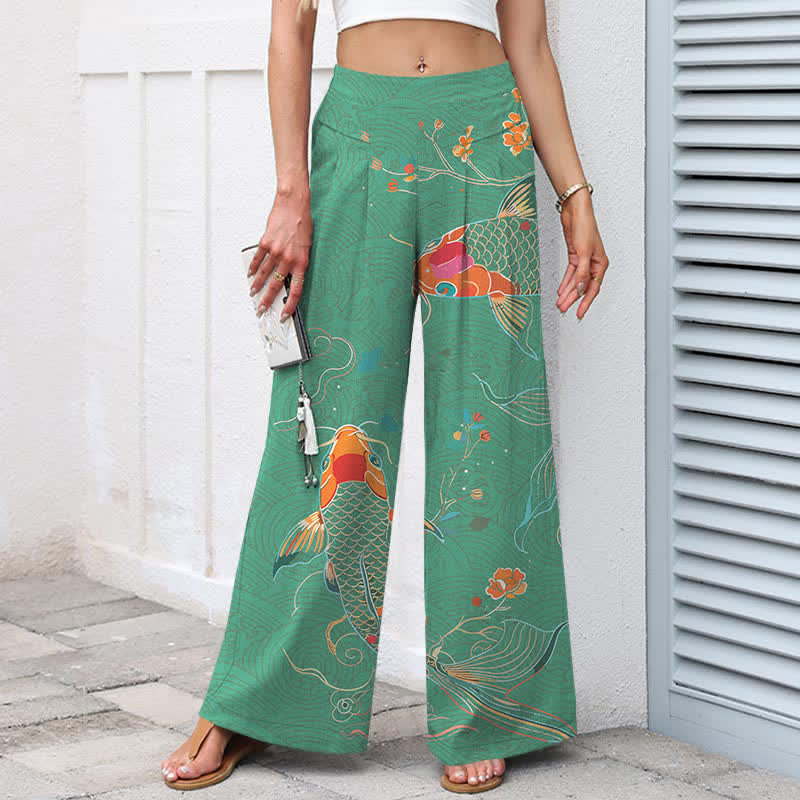 Buddha Stones Baumwoll-Leinen-Hose mit Koi-Fisch- und Blumenmuster, elastischem Bund, weitem Bein und Taschen - image 7