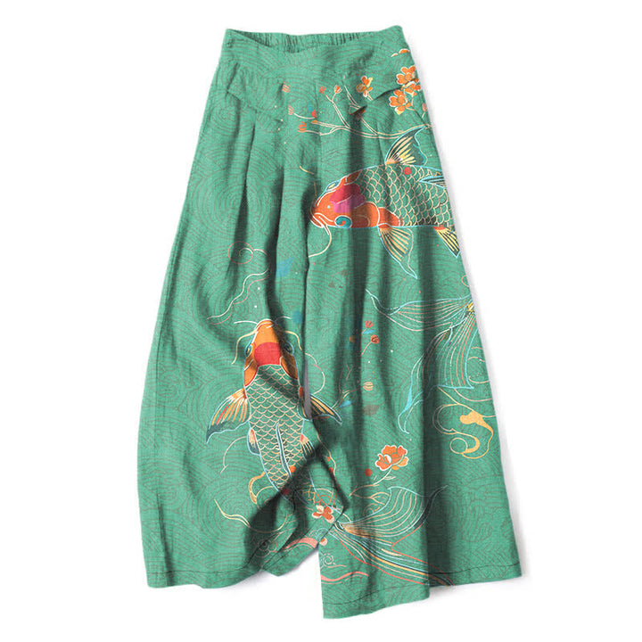 Buddha Stones Baumwoll-Leinen-Hose mit Koi-Fisch- und Blumenmuster, elastischem Bund, weitem Bein und Taschen - Mittelseegrün - US16, UK/AU20, EU48 (3XL) - image 6