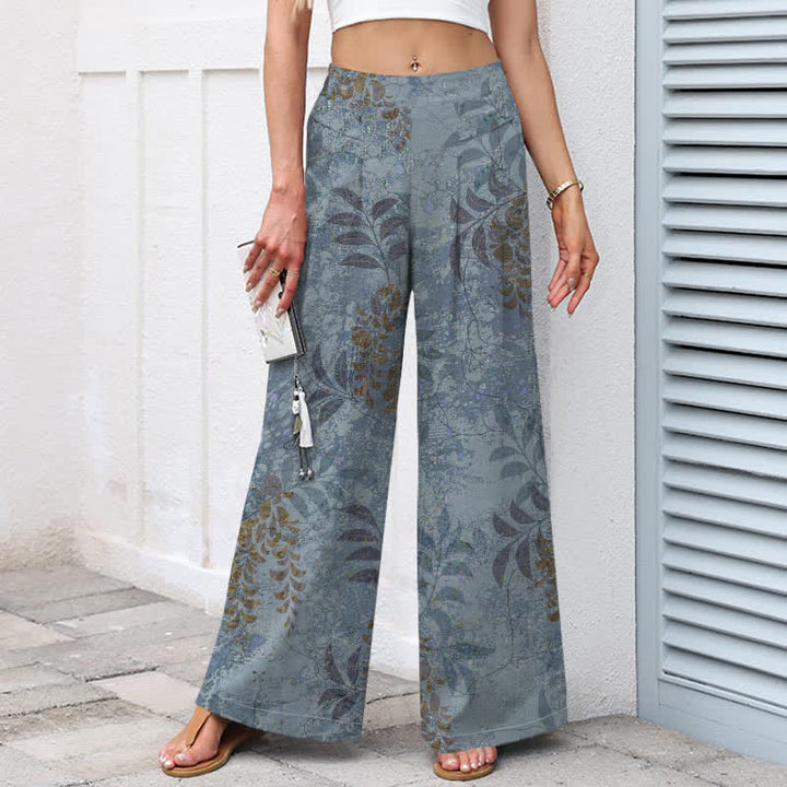 Buddha Stones Baumwoll-Leinen-Hose mit Vintage-Blattmuster, elastischem Bund, weitem Bein und Taschen - image 1