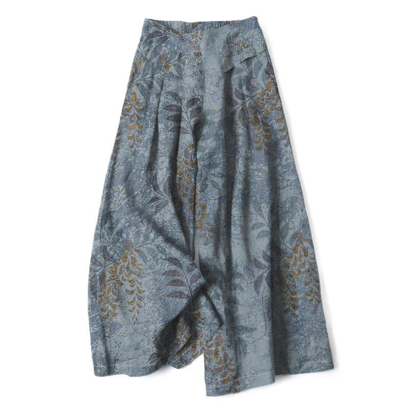 Buddha Stones Baumwoll-Leinen-Hose mit Vintage-Blattmuster, elastischem Bund, weitem Bein und Taschen - Hellschiefergrau - US16, UK/AU20, EU48 (3XL) - image 0