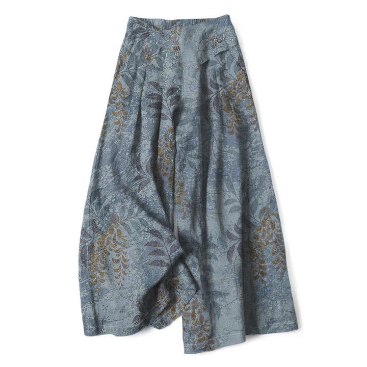 Buddha Stones Baumwoll-Leinen-Hose mit Vintage-Blattmuster, elastischem Bund, weitem Bein und Taschen - Hellschiefergrau - US16, UK/AU20, EU48 (3XL) - image 0