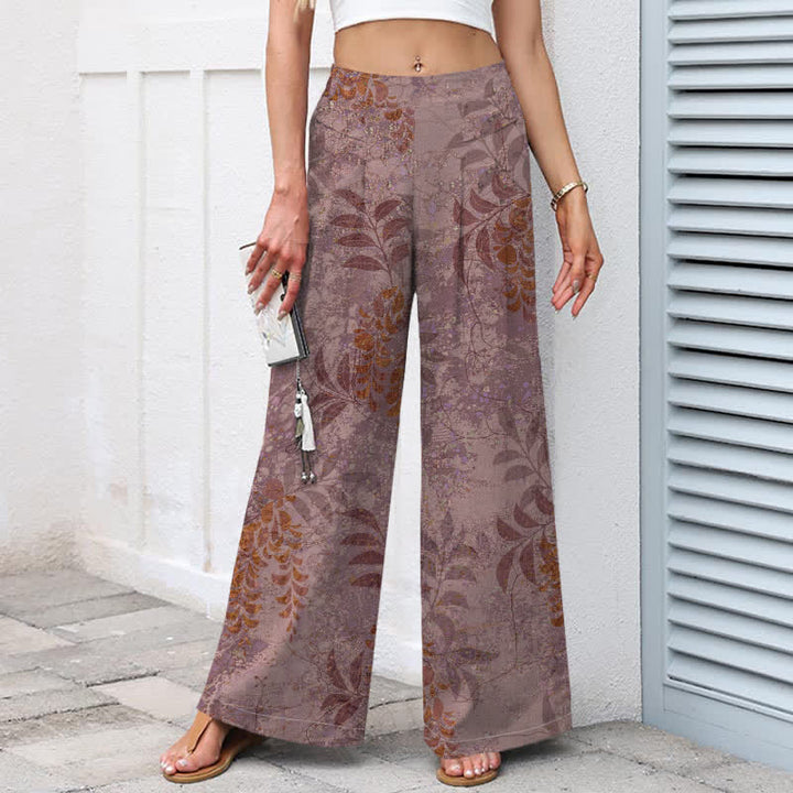 Buddha Stones Baumwoll-Leinen-Hose mit Vintage-Blattmuster, elastischem Bund, weitem Bein und Taschen - image 5