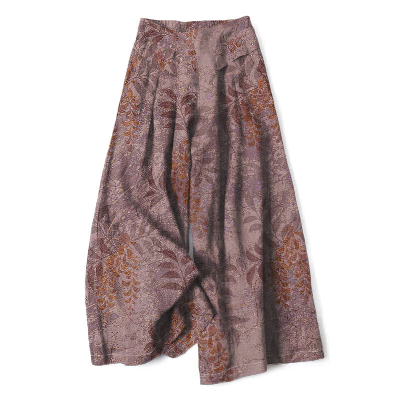 Buddha Stones Baumwoll-Leinen-Hose mit Vintage-Blattmuster, elastischem Bund, weitem Bein und Taschen - RosyBrown - US16, UK/AU20, EU48 (3XL) - image 4