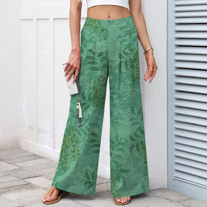 Buddha Stones Baumwoll-Leinen-Hose mit Vintage-Blattmuster, elastischem Bund, weitem Bein und Taschen - image 7