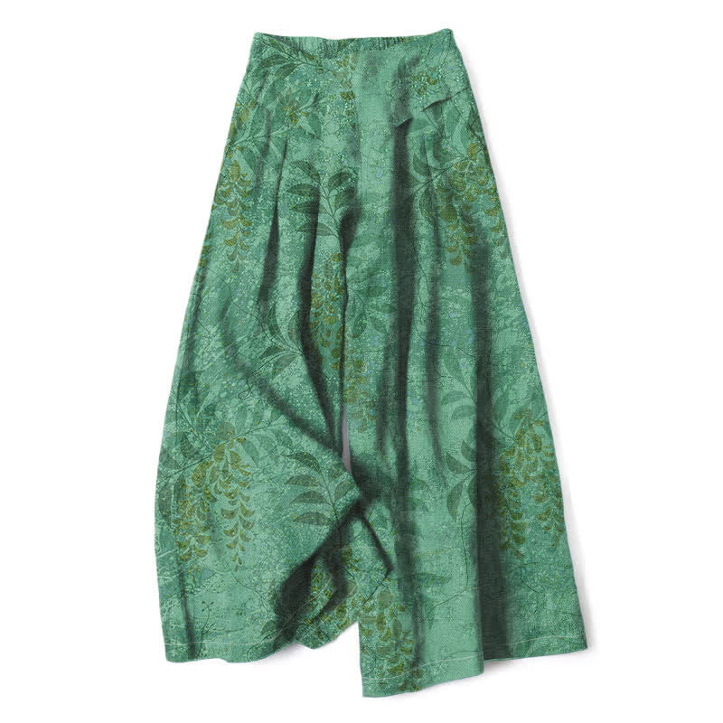 Buddha Stones Baumwoll-Leinen-Hose mit Vintage-Blattmuster, elastischem Bund, weitem Bein und Taschen - Mittelseegrün - US16, UK/AU20, EU48 (3XL) - image 6