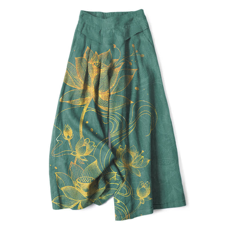 Buddha Stones Baumwoll-Leinen-Hose mit goldenem Lotusmuster, elastischem Bund, weitem Bein und Taschen - SeaGreen - US16, UK/AU20, EU48 (3XL) - image 0