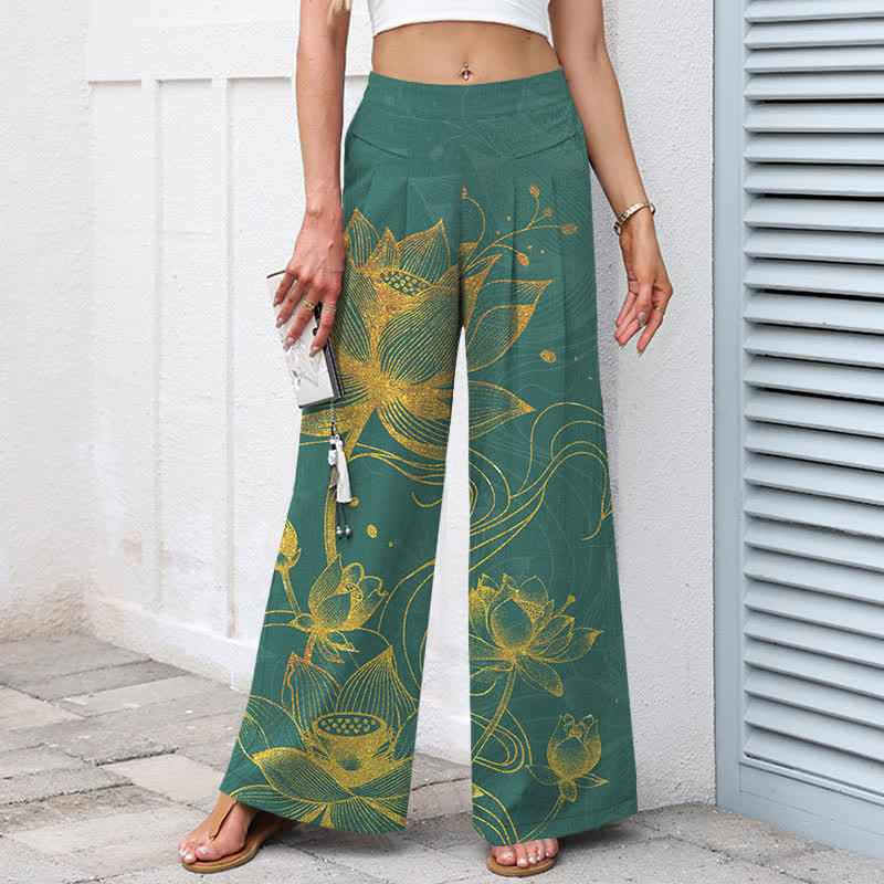 Buddha Stones Baumwoll-Leinen-Hose mit goldenem Lotusmuster, elastischem Bund, weitem Bein und Taschen - image 1