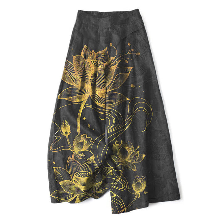 Buddha Stones Baumwoll-Leinen-Hose mit goldenem Lotusmuster, elastischem Bund, weitem Bein und Taschen - Schwarz - US16, UK/AU20, EU48 (3XL) - image 4