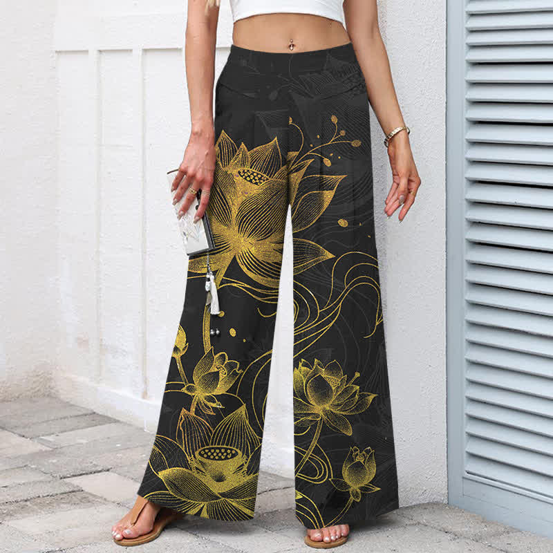Buddha Stones Baumwoll-Leinen-Hose mit goldenem Lotusmuster, elastischem Bund, weitem Bein und Taschen - image 5