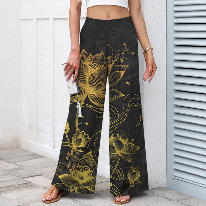 Buddha Stones Baumwoll-Leinen-Hose mit goldenem Lotusmuster, elastischem Bund, weitem Bein und Taschen - image 5