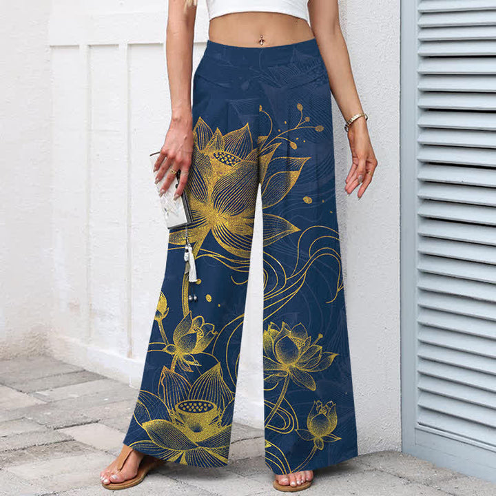 Buddha Stones Baumwoll-Leinen-Hose mit goldenem Lotusmuster, elastischem Bund, weitem Bein und Taschen - image 7