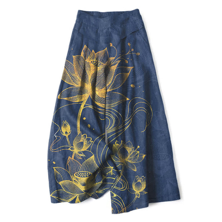 Buddha Stones Baumwoll-Leinen-Hose mit goldenem Lotusmuster, elastischem Bund, weitem Bein und Taschen - Marine - US16, UK/AU20, EU48 (3XL) - image 6