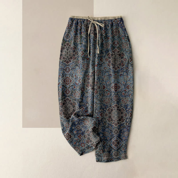 Buddha Stones Damenhose aus reiner Baumwolle mit böhmischem Blumenmuster, elastischem Bund und Taschen - SteelBlue - US16, UK/AU20, EU48 (3XL) - image 0