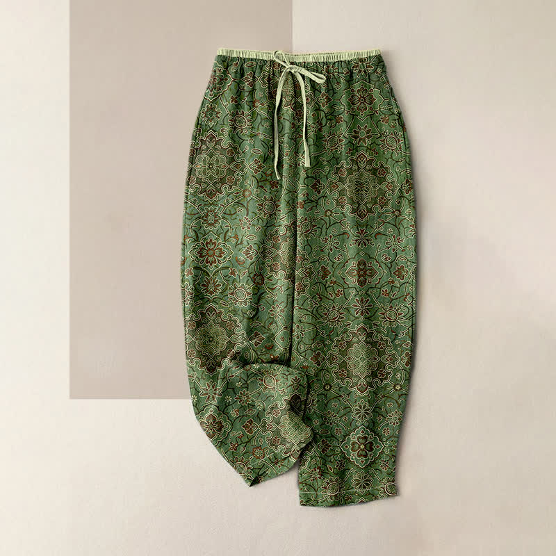 Buddha Stones Damenhose aus reiner Baumwolle mit böhmischem Blumenmuster, elastischem Bund und Taschen - Olivgrün - US16, UK/AU20, EU48 (3XL) - image 3