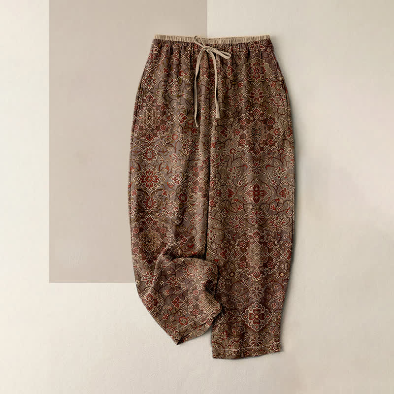 Buddha Stones Damenhose aus reiner Baumwolle mit böhmischem Blumenmuster, elastischem Bund und Taschen - Sattelbraun - US16, UK/AU20, EU48 (3XL) - image 4