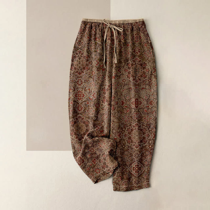 Buddha Stones Damenhose aus reiner Baumwolle mit böhmischem Blumenmuster, elastischem Bund und Taschen - Sattelbraun - US16, UK/AU20, EU48 (3XL) - image 4