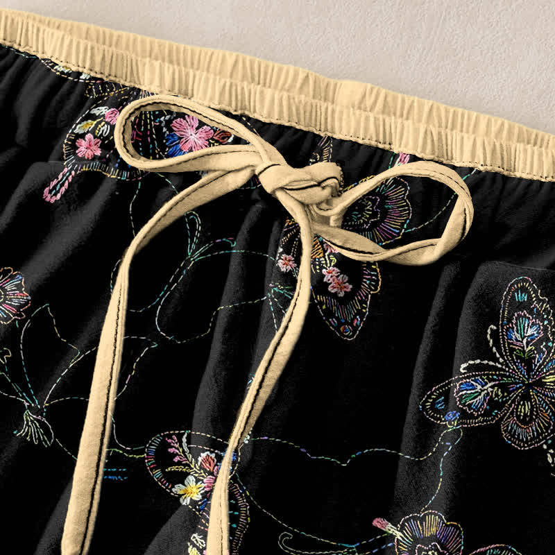Buddha Stones Damenhose aus reiner Baumwolle mit Vintage-Blumen- und Schmetterlingsmuster, elastischem Bund und Taschen - image 1