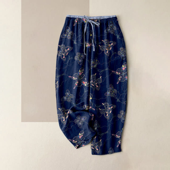 Buddha Stones Damenhose aus reiner Baumwolle mit Vintage-Blumen- und Schmetterlingsmuster, elastischem Bund und Taschen - Marine - US16, UK/AU20, EU48 (3XL) - image 4