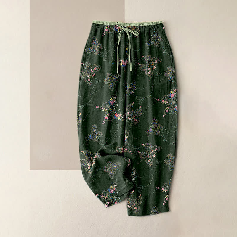 Buddha Stones Damenhose aus reiner Baumwolle mit Vintage-Blumen- und Schmetterlingsmuster, elastischem Bund und Taschen - Dunkelolivgrün - US16, UK/AU20, EU48 (3XL) - image 5