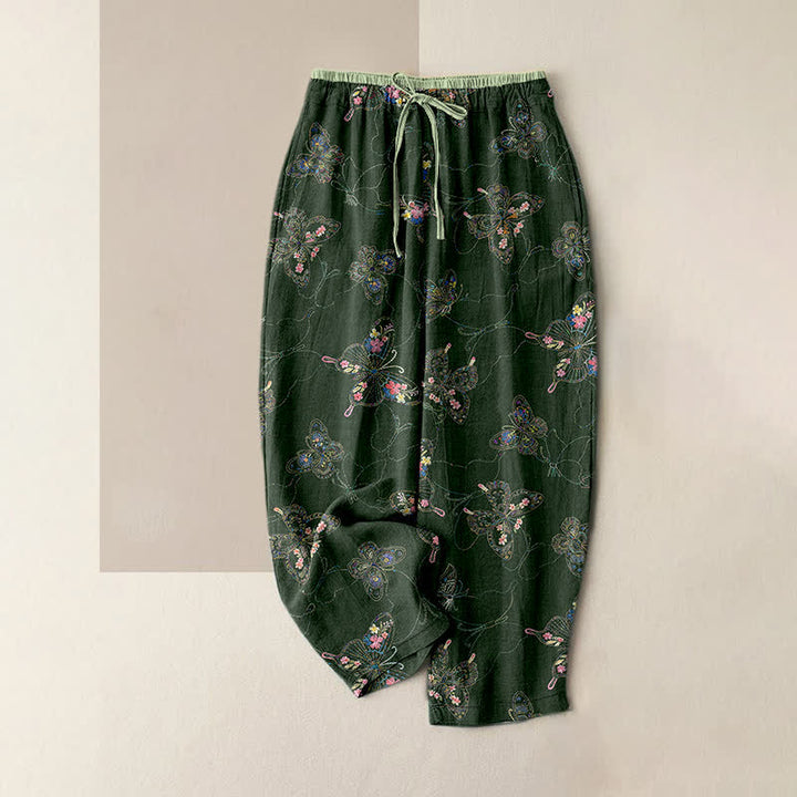 Buddha Stones Damenhose aus reiner Baumwolle mit Vintage-Blumen- und Schmetterlingsmuster, elastischem Bund und Taschen - Dunkelolivgrün - US16, UK/AU20, EU48 (3XL) - image 5