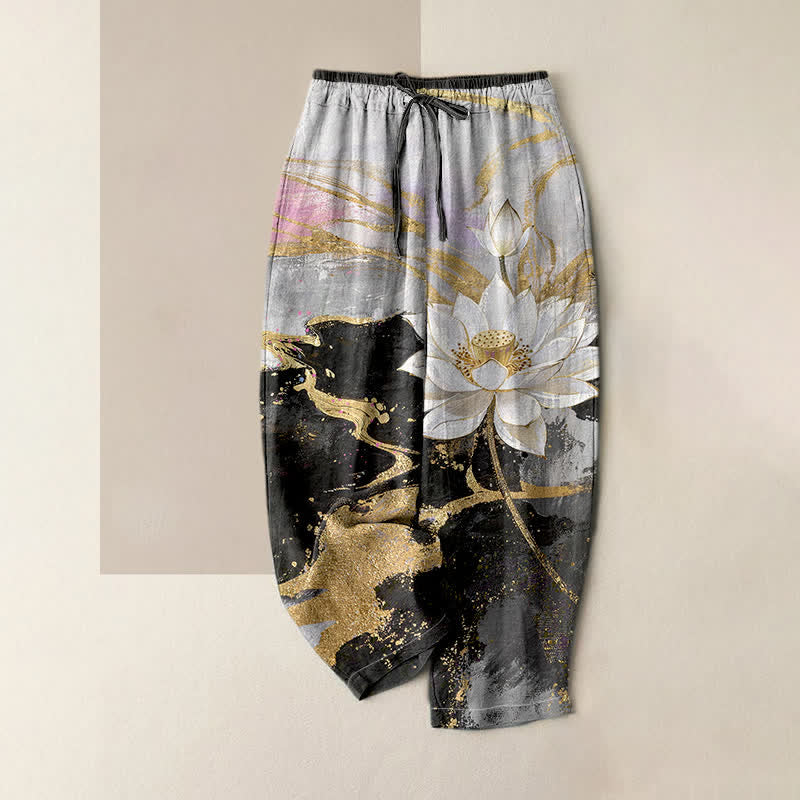 Buddha Stones Damenhose aus reiner Baumwolle mit Lotus-Tintenwaschmuster, elastischem Bund und Taschen - Schwarz - US16, UK/AU20, EU48 (3XL) - image 0