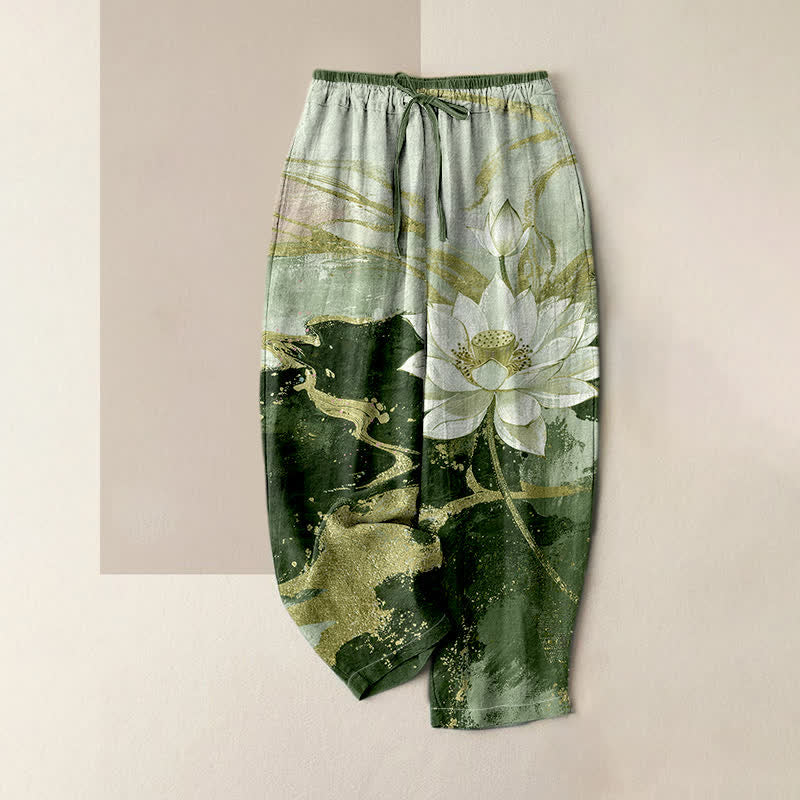 Buddha Stones Damenhose aus reiner Baumwolle mit Lotus-Tintenwaschmuster, elastischem Bund und Taschen - Olivgrün - US16, UK/AU20, EU48 (3XL) - image 3
