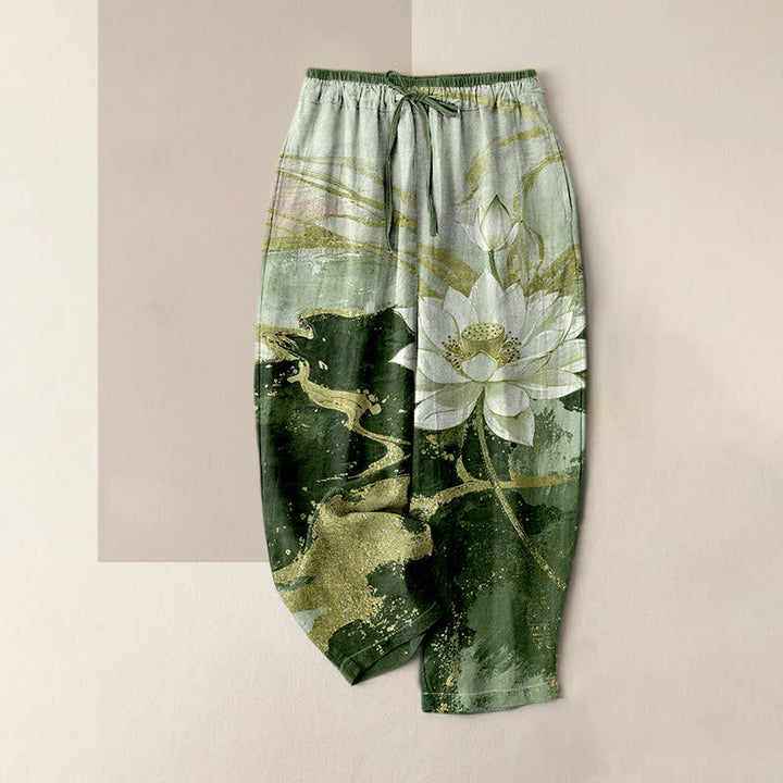 Buddha Stones Damenhose aus reiner Baumwolle mit Lotus-Tintenwaschmuster, elastischem Bund und Taschen - Olivgrün - US16, UK/AU20, EU48 (3XL) - image 3
