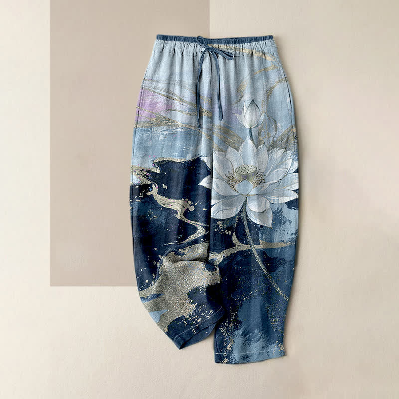 Buddha Stones Damenhose aus reiner Baumwolle mit Lotus-Tintenwaschmuster, elastischem Bund und Taschen - SteelBlue - US16, UK/AU20, EU48 (3XL) - image 4