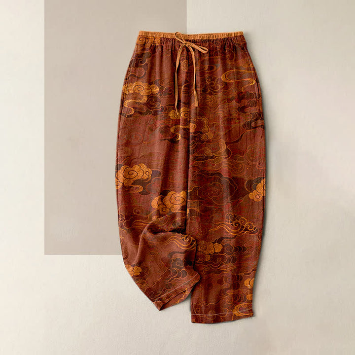 Buddha Stones Damenhose aus reiner Baumwolle mit orientalischem Wolkenmuster, elastischem Bund und Taschen - Kastanienbraun - US16, UK/AU20, EU48 (3XL) - image 0