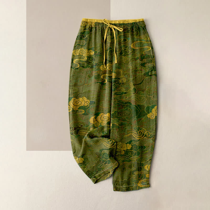 Buddha Stones Damenhose aus reiner Baumwolle mit orientalischem Wolkenmuster, elastischem Bund und Taschen - Olivgrün - US16, UK/AU20, EU48 (3XL) - image 3